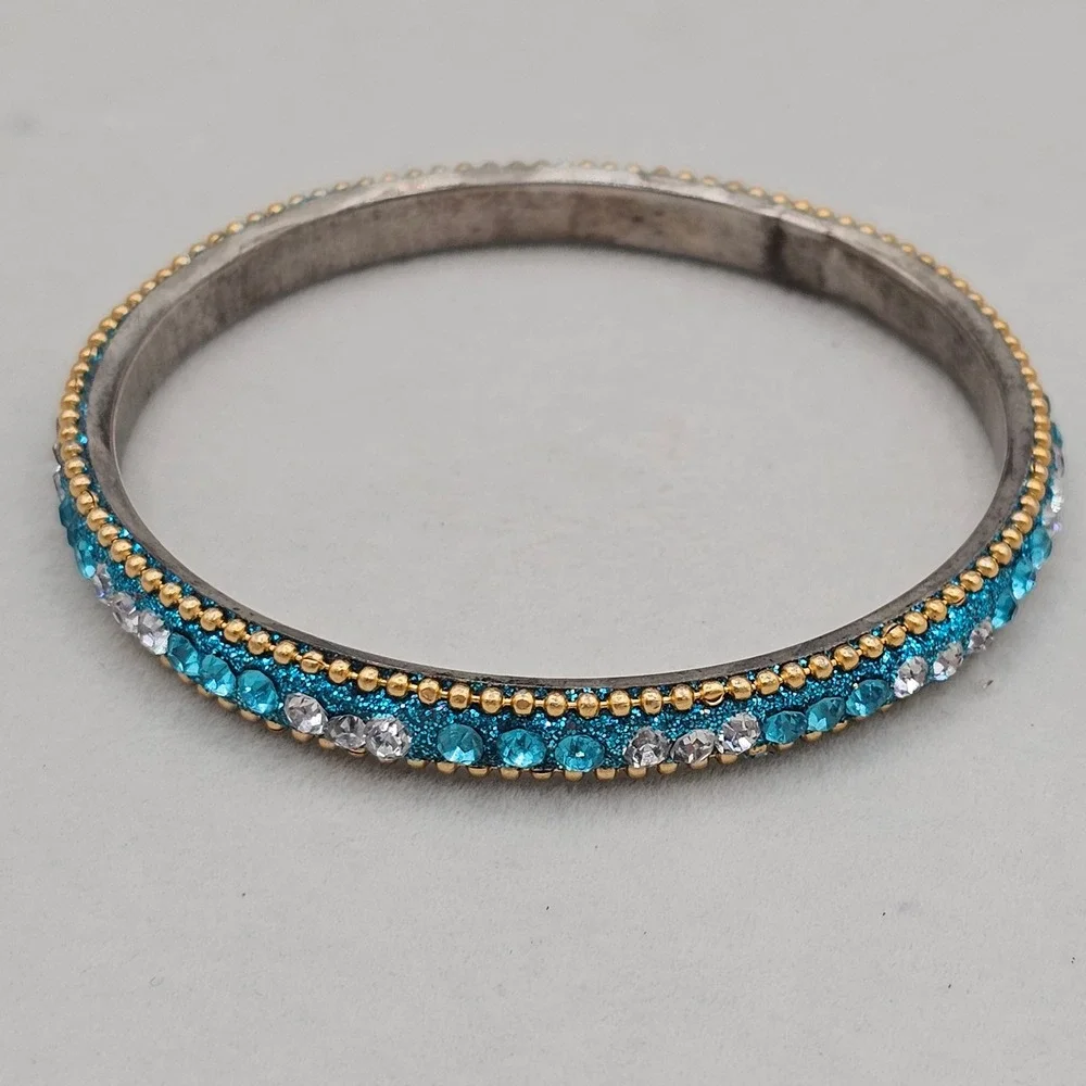 Rhinestone Bangle Bracelet + 1 Accent Bangle 2 Stackable Blue Teal Gold Tone